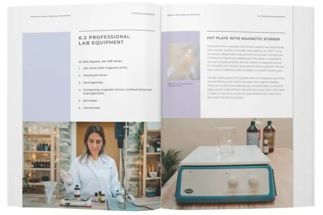 Lab equipment guide with woman and magnetic stirrer.
