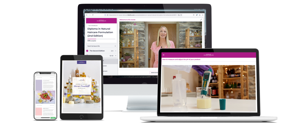 Online skincare course displayed on various devices.