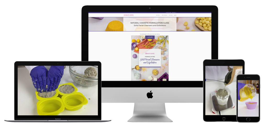 Digital devices showcasing cosmetic formulation process online course.